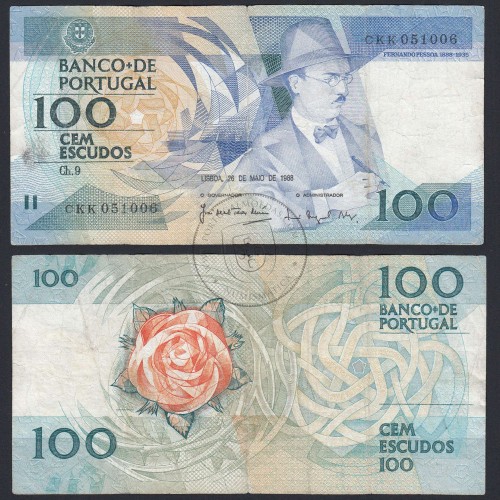 100 Escudos Fernando Pessoa 26.05.1988, One Hundred Escudos 26 May 1988 Plate 9 - Bank of Portugal, (C), Pick 179e