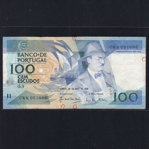 100 Escudos Fernando Pessoa 26.05.1988, One Hundred Escudos 26 May 1988 Plate 9 - Bank of Portugal, (C), Pick 179e