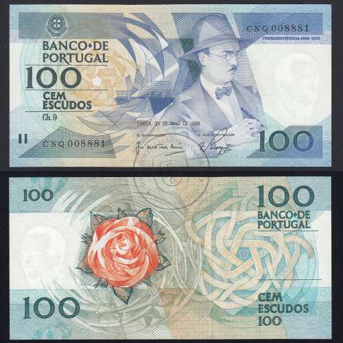 100 Escudos 1988 Fernando Pessoa 26/05/1988, 100$00 Cem Escudos 26/05/1988 Chapa:9 Banco de Portugal, (QNC), Pick 179e