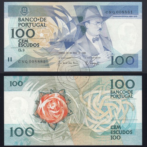 100 Escudos 1988 Fernando Pessoa 26/05/1988, 100$00 Cem Escudos 26/05/1988 Chapa:9 Banco de Portugal, (QNC), Pick 179e