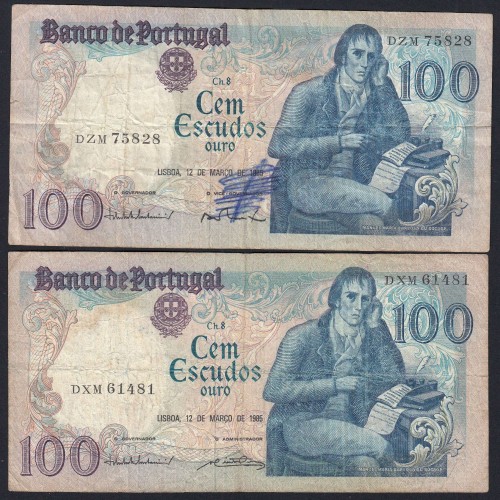 Lot 2 signatures 100 Escudos Bocage 03/12/1985, 100$00 One Hundred Escudos 03/12/1985 Plate:8 Banco de Portugal, (MC), Pick 178d