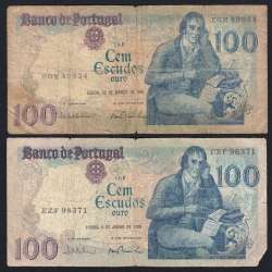 Lot w/ 2 dates of 100 Escudos Bocage, 100$00 One Hundred Escudos Plate: 8 Banco de Portugal, (MC), Pick 178