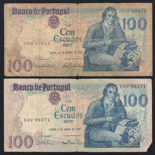 Lot w/ 2 dates of 100 Escudos Bocage, 100$00 One Hundred Escudos Plate: 8 Banco de Portugal, (MC), Pick 178