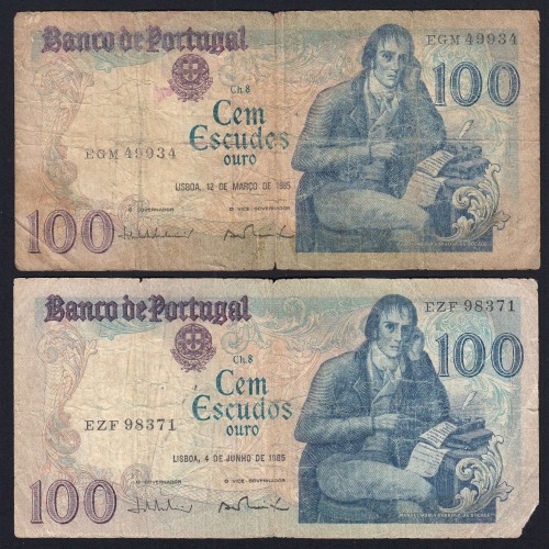 Lot w/ 2 dates of 100 Escudos Bocage, 100$00 One Hundred Escudos Plate: 8 Banco de Portugal, (MC), Pick 178