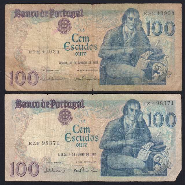 Lot w/ 2 dates of 100 Escudos Bocage, 100$00 One Hundred Escudos Plate: 8 Banco de Portugal, (MC), Pick 178