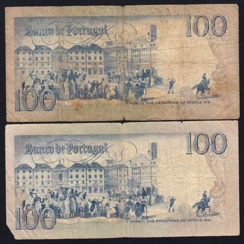 Lot w/ 2 dates of 100 Escudos Bocage, 100$00 One Hundred Escudos Plate: 8 Banco de Portugal, (MC), Pick 178