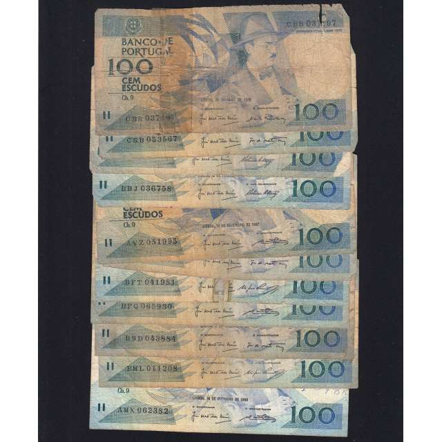 Lote c/ 11 notas de 100 Escudos Fernando Pessoa, 100$00 Cem Escudos Chapa:9 Banco de Portugal, (MC), Pick 179