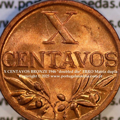 "doubled die" ERRO Matriz dupla em X centavos 1946 Bronze Republica Portuguesa, (Soberba), World Coins Portugal KM 583