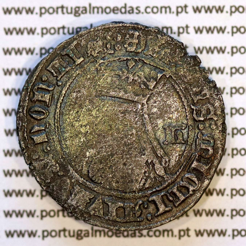 Obverse of the Barbuda billon coin of Ferdinand I, Lisbon — legend ☩SI:DNS:MICHI:AIVTOR:NON:TI፨:: — Ref. MQ.1D.AG.FE.33.02.B