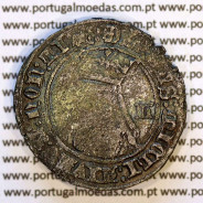 Obverse of the Barbuda billon coin of Ferdinand I, Lisbon — legend ☩SI:DNS:MICHI:AIVTOR:NON:TI፨:: — Ref. MQ.1D.AG.FE.33.02.B