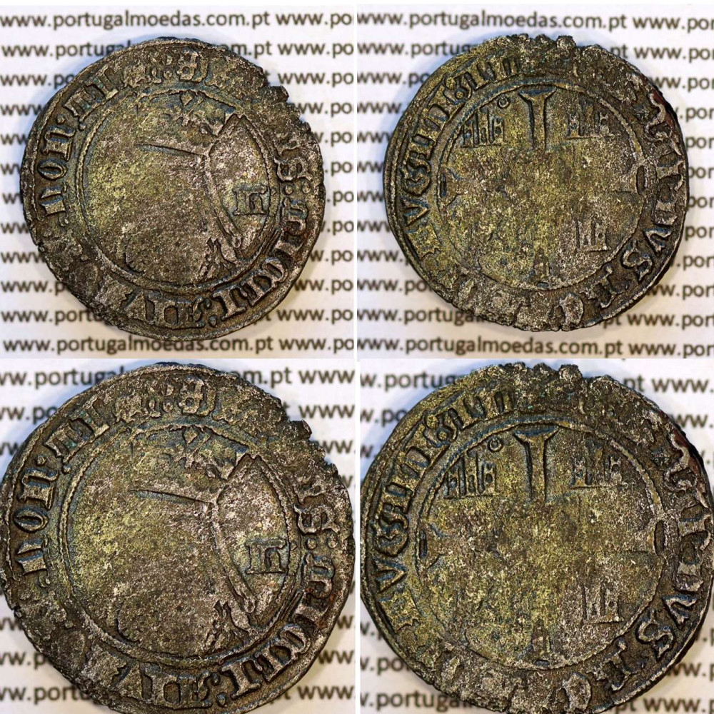 Portugal, Barbuda billon coin of Ferdinand I (1367–1383). Legend: ☩SI:DNS:MICHI:AIVTOR:NON:TI፨:: / ☩FERNANDVS:REX:PORTVGALI:AL