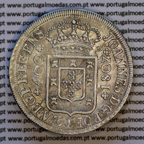 Raro Cruzado Novo prata 1807 D. João P. Regente, "8" retificado, escudo alto com coroa alta encimada por cruz triunfante