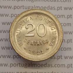Portugal, Copper-nickel coin of 20 centavos 1921, variant "P" open in the legend "Portuguesa", (UNC), World Coins Portugal KM571