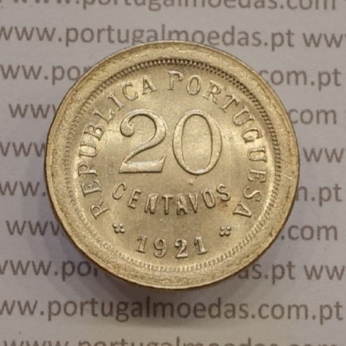20 centavos 1921 "P" aberto, 20 centavos 1921 cupro-níquel variante "P" aberto na legenda Republica Portuguesa, (Soberba)