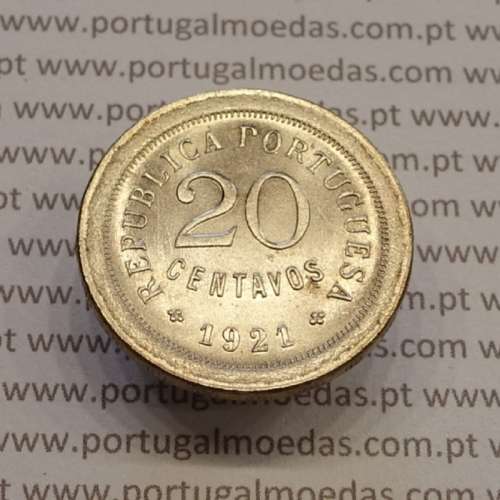 20 centavos 1921 "P" aberto, 20 centavos 1921 cupro-níquel variante "P" aberto na legenda Republica Portuguesa, (Soberba)