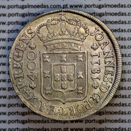Cruzado Novo prata 1811 D. João Príncipe Regente, 480 Reis prata 1811, coroa alta e larga, diadema losango 2 pontos, (Bela+)