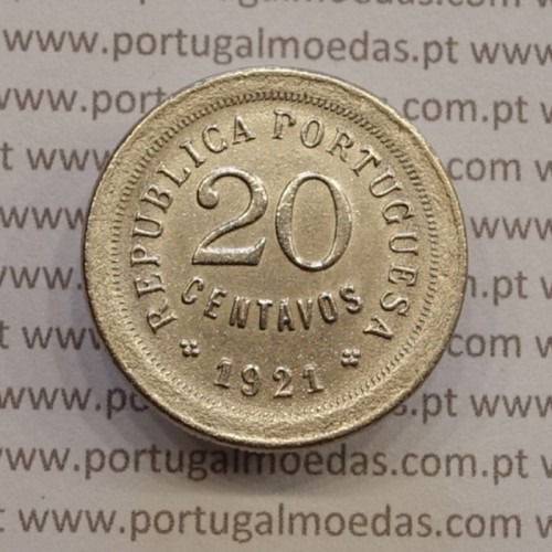 20 centavos 1921 "P" aberto, 20 centavos 1921 cuproníquel variante "P" aberto na legenda Republica Portuguesa, (Bela)