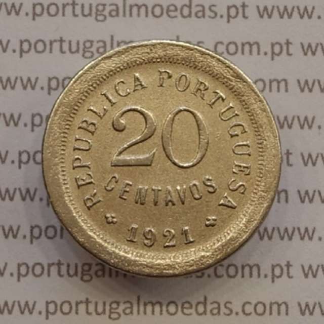 20 centavos 1921 "P", 20 centavos 1921 cuproníquel variante "P" aberto na legenda Republica Portuguesa, (MBC+)