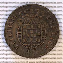 40 Réis 1823 Bronze D. João VI, Pataco bronze 1823, legenda separada, Cruz Irradiada, (MBC+/Bela-), World Coins Portugal KM 370