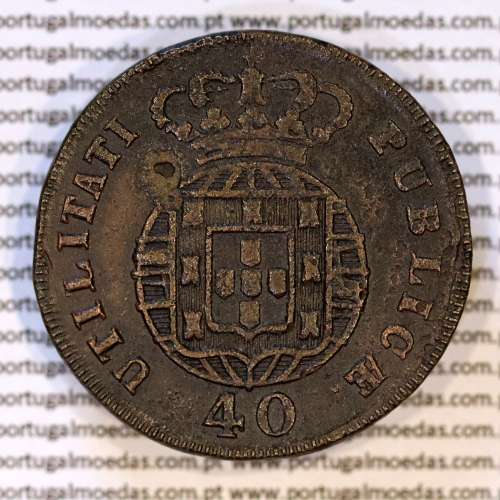 Portugal, bronze coin of 40 Réis 1823 of King D. João VI, separate caption,  Irradiated Cross, World Coins Portugal KM 370