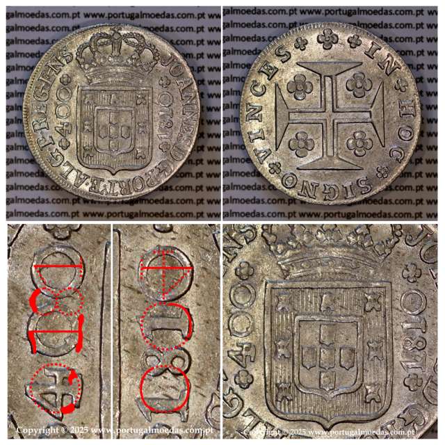 Cruzado Novo prata 1810 D. João Príncipe Regente, erro na data e valor facial invertido retificado pelo abridor de cunho.