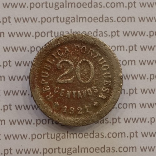 20 centavos 1921 "P" aberto, 20 centavos 1921 cuproníquel variante "P" aberto na legenda Republica Portuguesa, (REG)