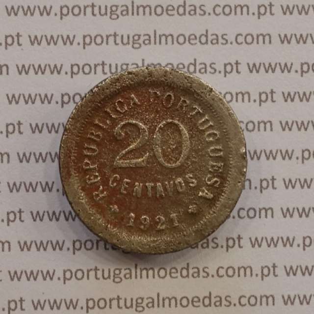 20 centavos 1921 "P" aberto, 20 centavos 1921 cuproníquel variante "P" aberto na legenda Republica Portuguesa, (REG)