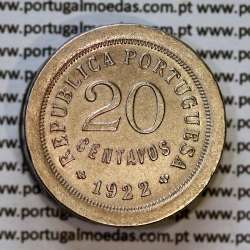 Portugal, very rare coin of 20 centavos 1922 Copper-nickel of portuguese republique, (XF+/AU), World Coins Portugal KM 571