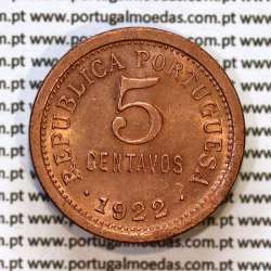 Portugal, bronze coin of 5 centavos 1922, $05 centavos 1922 Portuguese Republic, (AU/UNC), World Coins Portugal KM 569