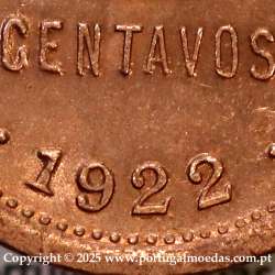 Portugal, bronze coin of 5 centavos 1922, $05 centavos 1922 Portuguese Republic, (AU/UNC), World Coins Portugal KM 569