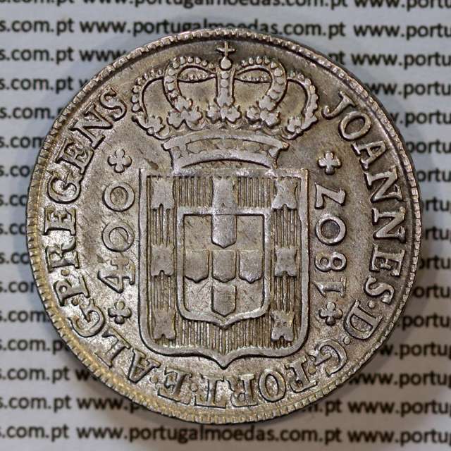 Cruzado Novo prata 1807 D. João P. Regente, coroa baixa, diadema losango 2 pontos, cruz Ordem de Cristo ✠ ⭤ ⭥ 20 mm (MBC)