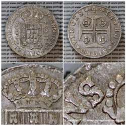 Cruzado Novo prata 1807 D. João P. Regente, coroa média, diadema losango 2 pontos, pétalas fechadas, letra "𝖘" ornamentada.