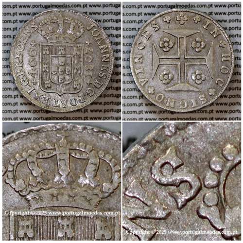 Cruzado Novo prata 1807 D. João P. Regente, coroa média, diadema losango 2 pontos, pétalas fechadas, letra "𝖘" ornamentada.