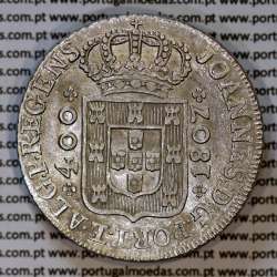 Cruzado Novo prata 1807 D. João P. Regente, coroa média, diadema losango 1 ponto, pétalas fechadas, cruz ✠ ⭤ ⭥ 21 mm, (Bela)