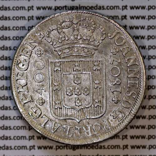 Cruzado Novo prata 1807 D. João P. Regente, coroa alta e estreita, diadema losango 4 pontos, pétalas abertas, ✠ 20 mm