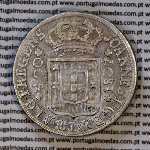 Cruzado Novo prata 1807 D. João P. Regente, coroa alta e estreita, diadema losango 4 pontos, pétalas fechadas, ✠ 21 mm
