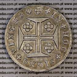Cruzado Novo prata 1807 D. João P. Regente, coroa baixa, 2 pérolas, cruz triunfante, diadema losango 4 pontos, pétalas fechadas