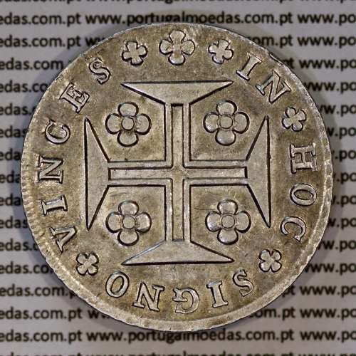 Cruzado Novo prata 1807 D. João P. Regente, coroa baixa, 2 pérolas, cruz triunfante, diadema losango 4 pontos, pétalas fechadas