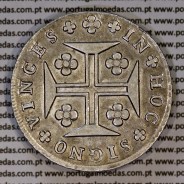 Cruzado Novo prata 1807 D. João P. Regente, coroa baixa, 2 pérolas, cruz triunfante, diadema losango 4 pontos, pétalas fechadas