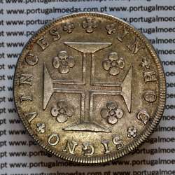Cruzado Novo prata 1807 D. João P. Regente, coroa baixa, 3 pérolas, cruz triunfante, diadema losango 4 pontos, pétalas abertas
