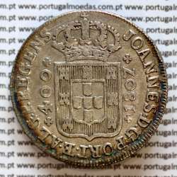 Cruzado Novo prata 1807 D. João P. Regente, coroa média, diadema losango 1 ponto, pérolas nos arcos 3-7-6-3, ✠ 21 mm
