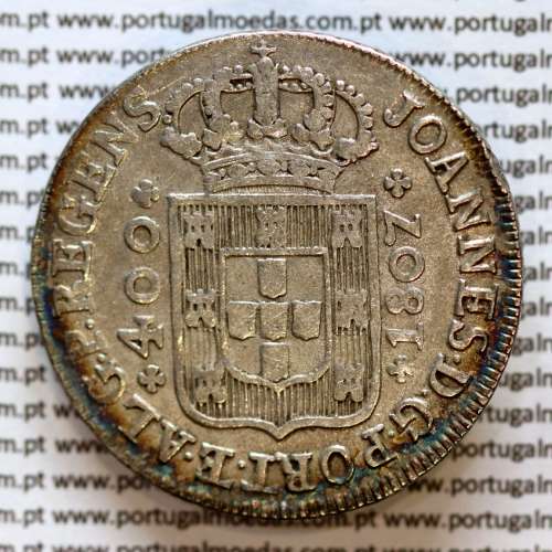 Cruzado Novo prata 1807 D. João P. Regente, coroa média, diadema losango 1 ponto, pérolas nos arcos 3-7-6-3, ✠ 21 mm