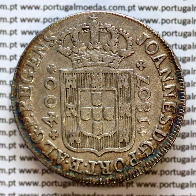 Cruzado Novo prata 1807 D. João P. Regente, coroa média, diadema losango 1 ponto, pérolas nos arcos 3-7-6-3, ✠ 21 mm