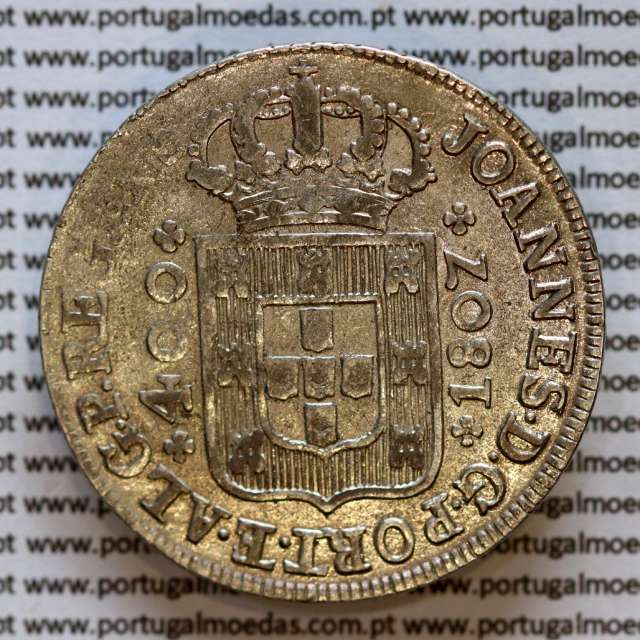 Cruzado Novo prata 1807 D. João P. Regente, coroa média, diadema losango 1 ponto, pérolas nos arcos 3-7-6-3, ✠ 21 mm