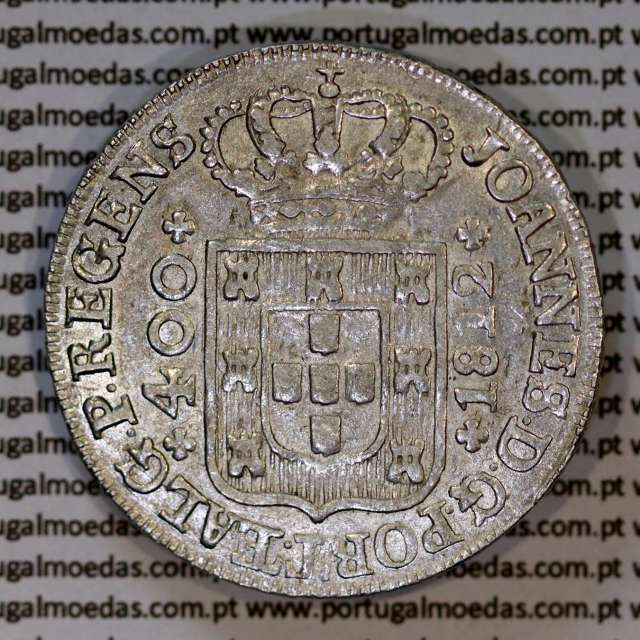Cruzado Novo prata 1812 D. João Príncipe Regente, 480 Reis prata 1812, coroa baixa de 39 pérolas, diadema losango 4 pontos.