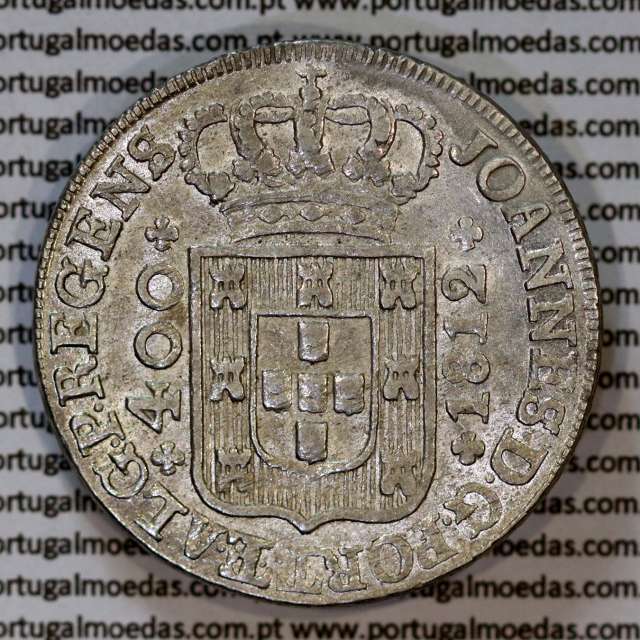 Cruzado Novo prata 1812 D. João Príncipe Regente, 480 Reis prata 1812, coroa baixa de 37 pérolas, diadema losango 4 pontos.