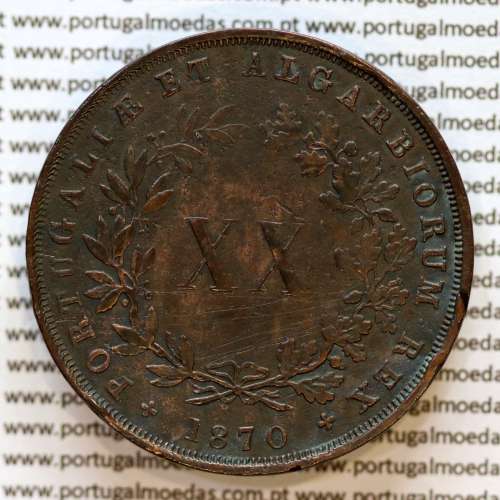 Portugal, copper coin of XX Réis 1870 of D. Luis I, 20 Réis 1870 rarest date of the Series, (VF+), World Coins Portugal KM 515