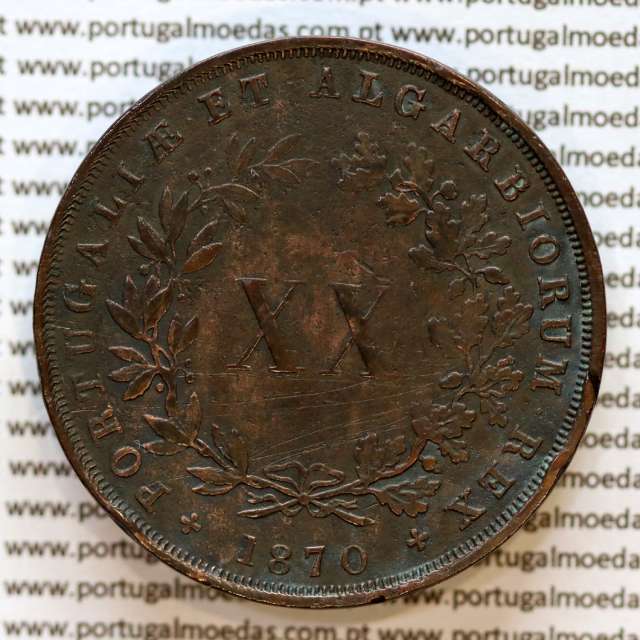 Portugal, copper coin of XX Réis 1870 of D. Luis I, 20 Réis 1870 rarest date of the Series, (VF+), World Coins Portugal KM 515