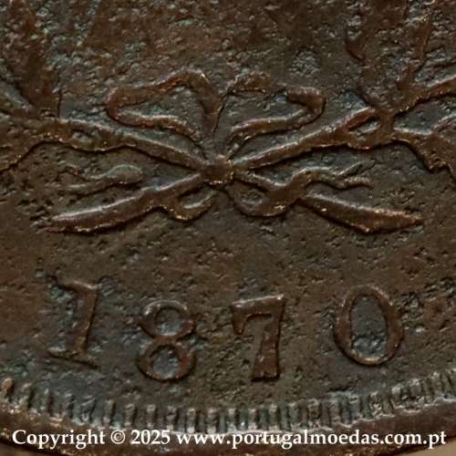 Portugal, copper coin of XX Réis 1870 of D. Luis I, 20 Réis 1870 rarest date of the Series, (VF+), World Coins Portugal KM 515