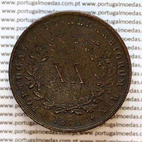 XX Réis 1870 Cobre D. Luis I, 20 Réis ou Vintém de 1870, data mais rara da Série, (MBC), World Coins Portugal KM 515